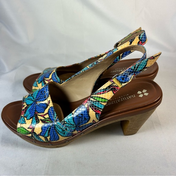 Naturalizer N5 Contour Honey Floral Slingback Open Toe Sandals Size 10 Wood Heel - Picture 2 of 8